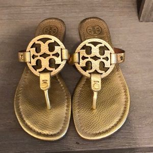 Tory Burch Gold Pebbled Leather Miller Sandals